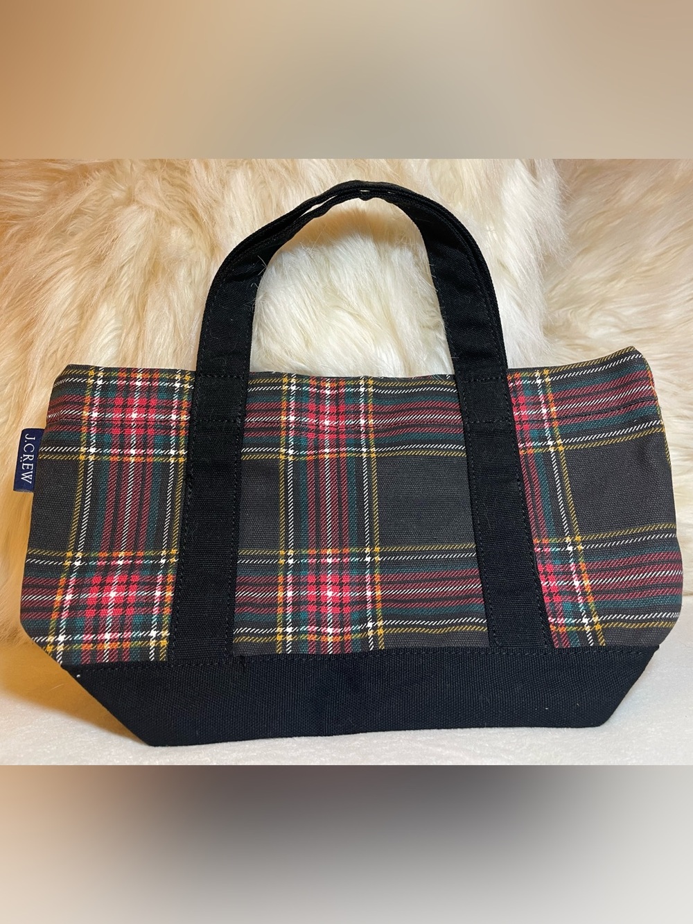 J.CREW - Mini Structured Canvas Tote Bag Purse in Black Stewart Tartan - NWT